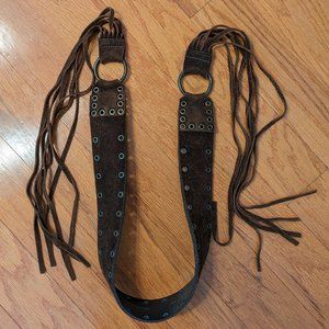 Suede Belt with Grommets and Tie Fringe Closure, Brown Genuine Leather, 2" Wide